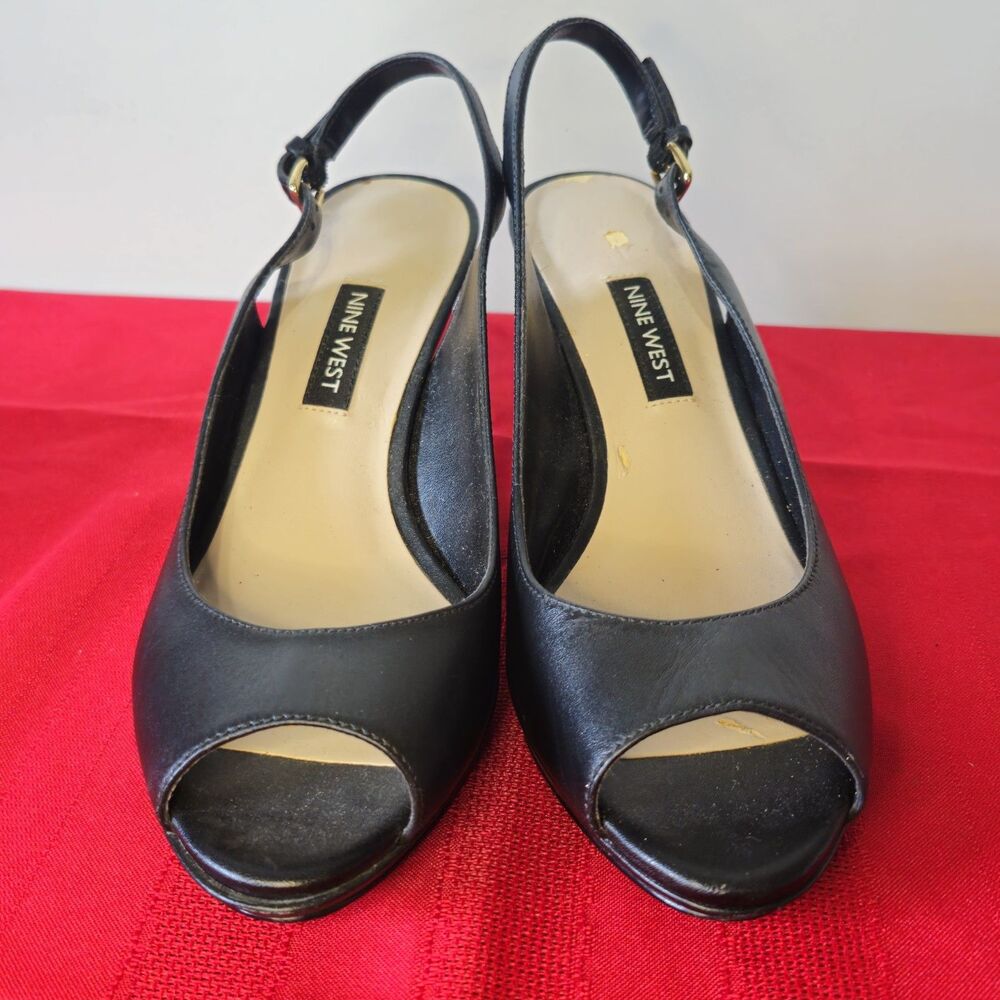 Nine West Gabrielle Black Leather Peep Toe Slingback Heels Size 6.5M - Picture 2 of 9